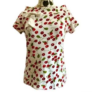 Y2K CHERRY TOP STRETCH IVORY ALLOVER FRUIT PRINT SCOOP NECK BOW VTG SZ MEDIUM